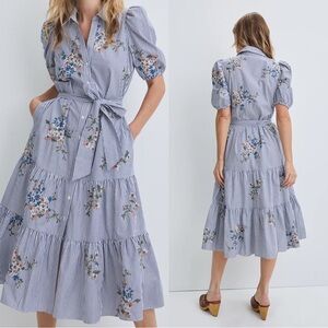 Veronica Beard Eunice Shirt Dress Blue White Stripe Floral Embroidery Sz 8